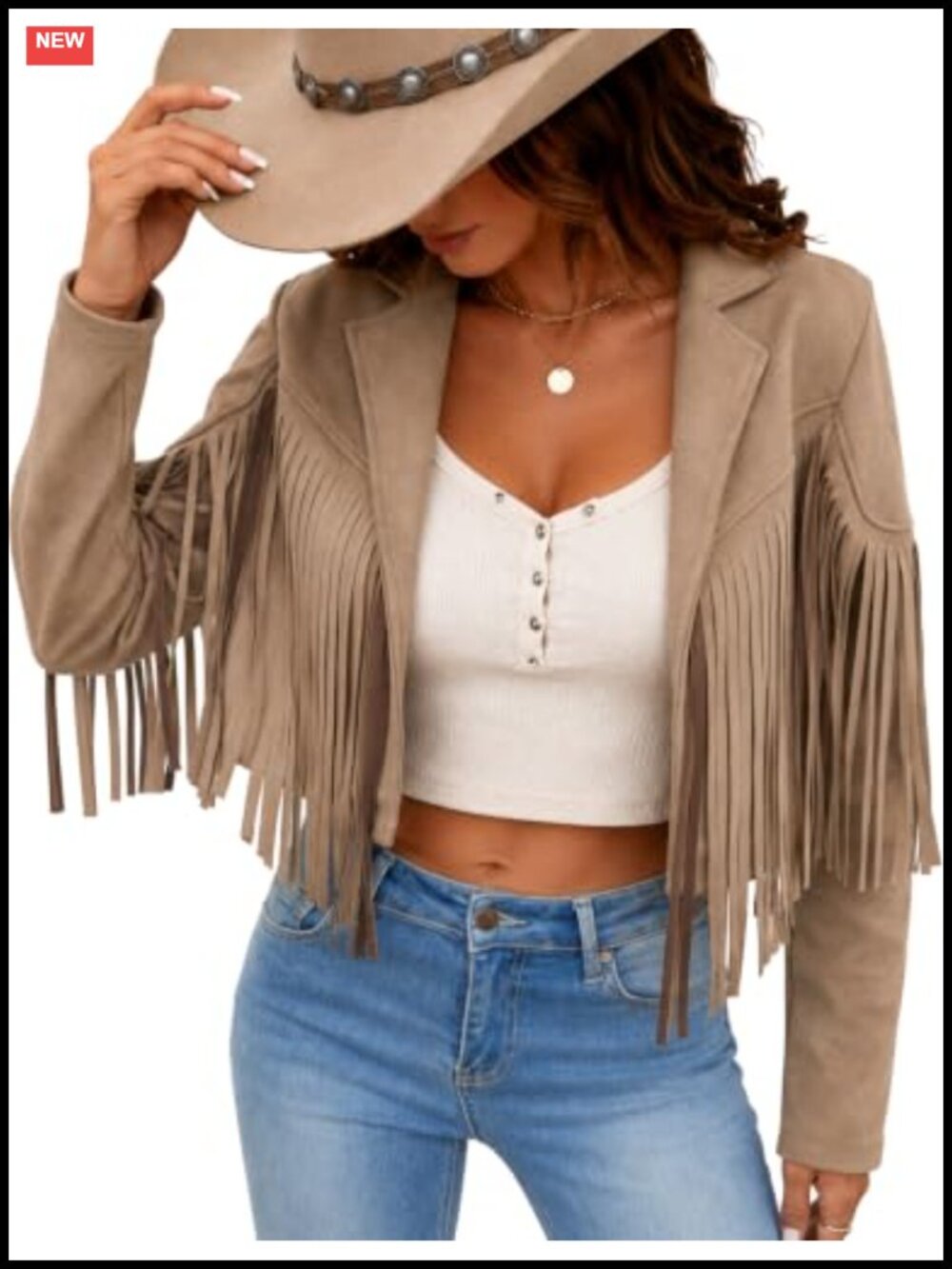 Faux Suede Fringe Tassel Cropped Western Jacket Open Front Long Sleeve